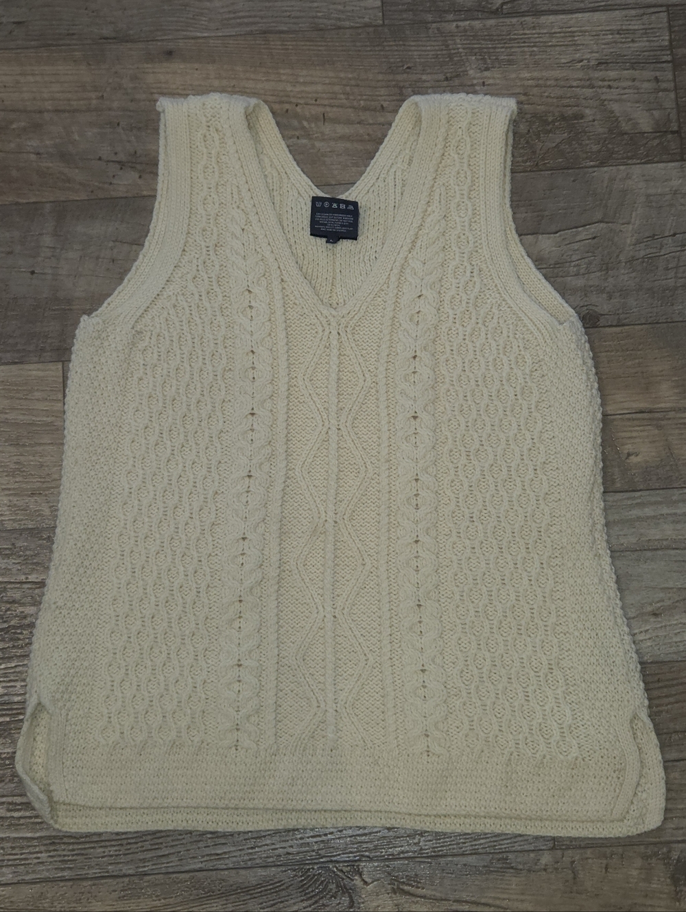 Aran Cable Knit V-Neck Sweater Vest - Cream 100% Wool Large